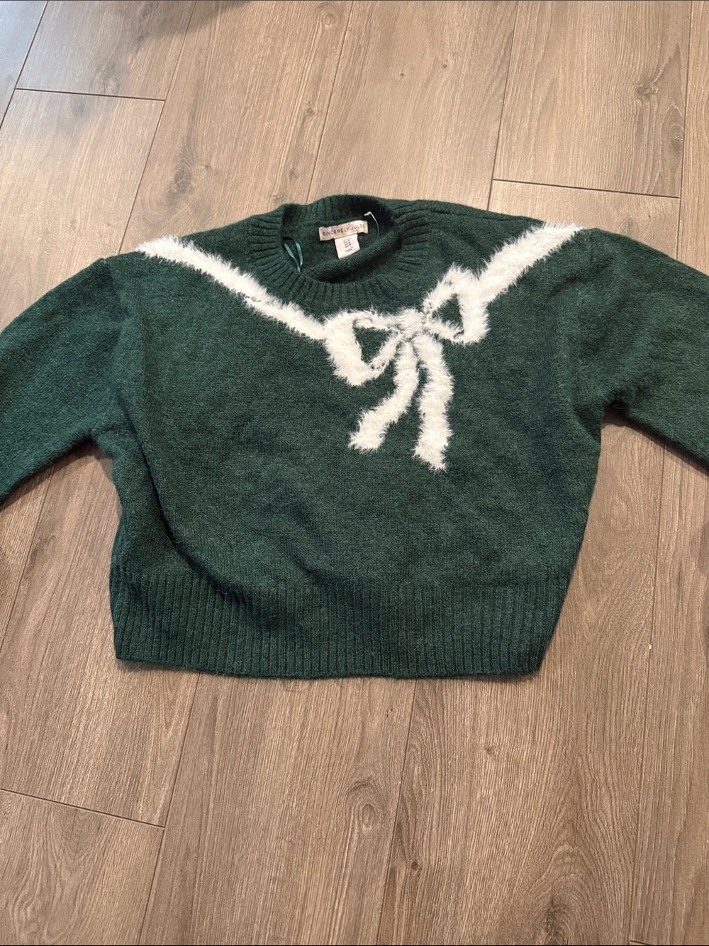 Green Fuzzy Bow-Accent Crewneck Sweater - Women